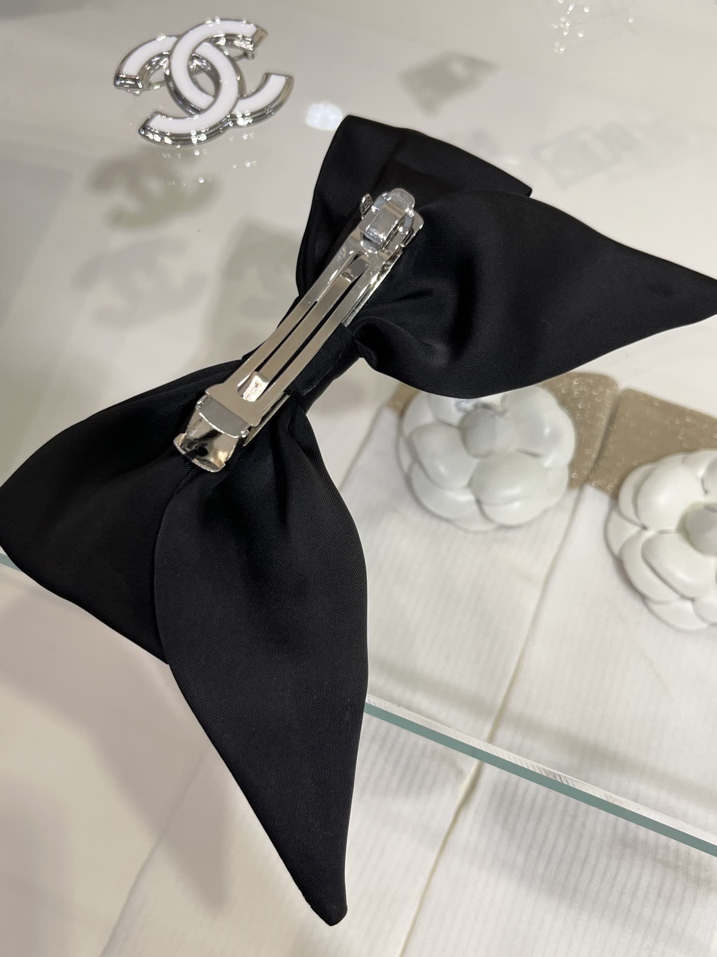Chanel Black Satin Hair Clip with Bow